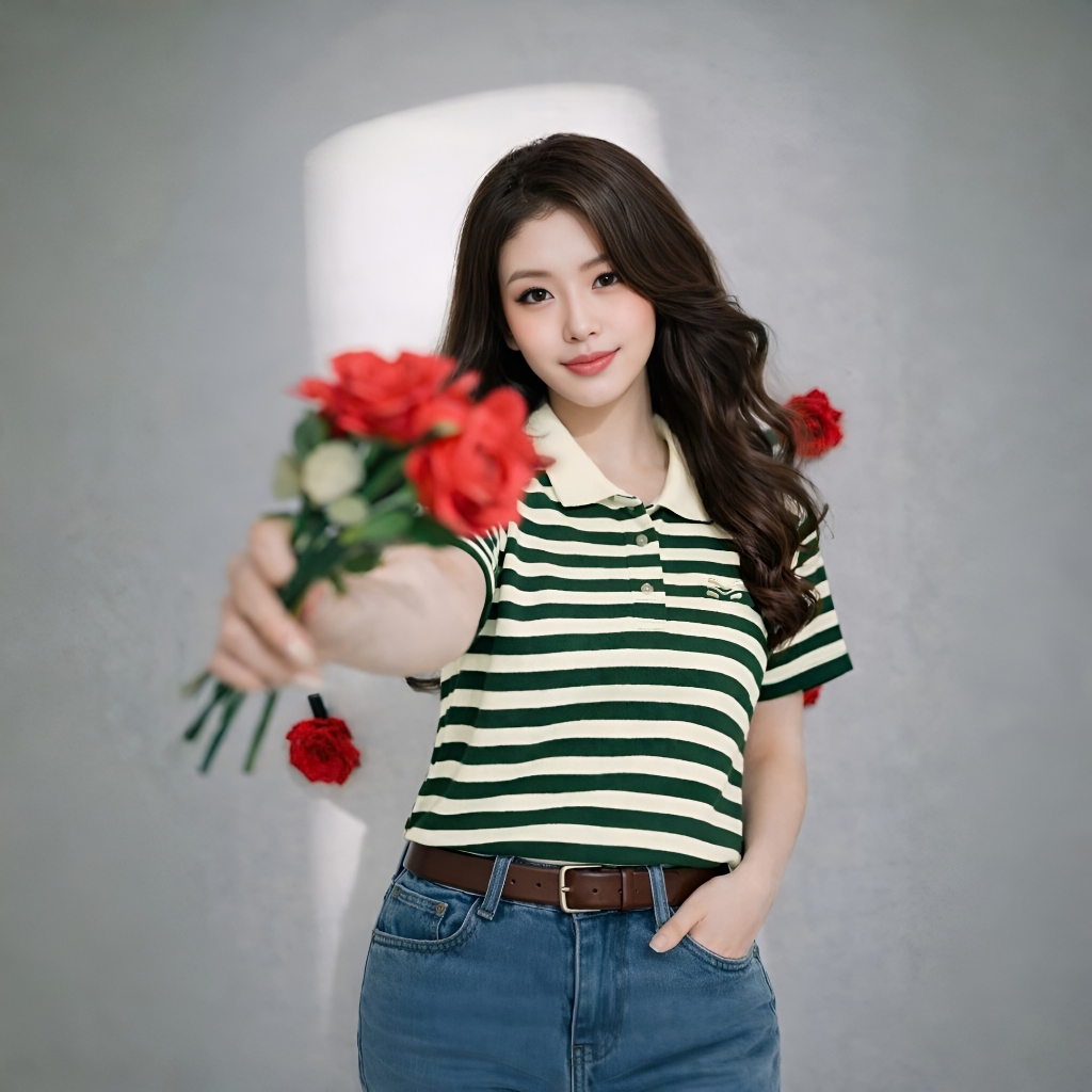 Áo Polo Sọc Màu Xanh Lá Thanh Lịch, Chất Cotton Mềm Mịn.