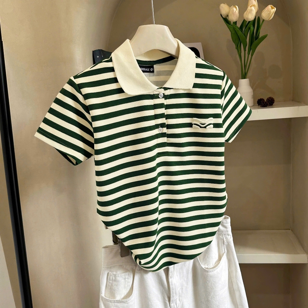 Áo Polo Sọc Màu Xanh Lá Thanh Lịch, Chất Cotton Mềm Mịn.