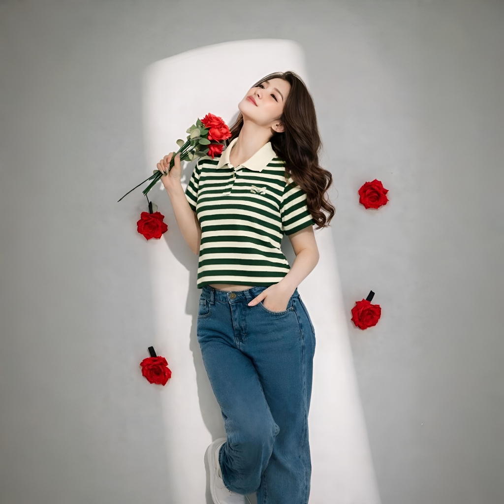 Áo Polo Sọc Màu Xanh Lá Thanh Lịch, Chất Cotton Mềm Mịn.