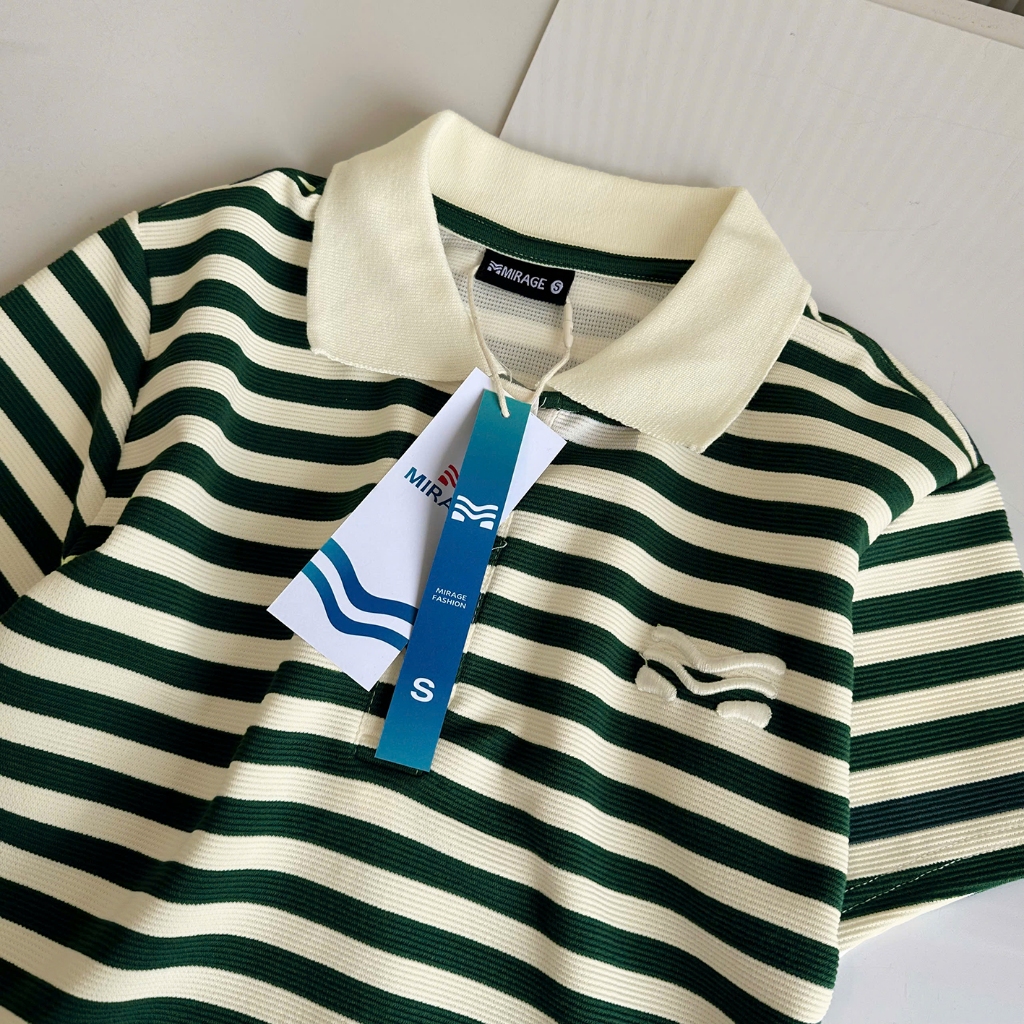 Áo Polo Sọc Màu Xanh Lá Thanh Lịch, Chất Cotton Mềm Mịn.