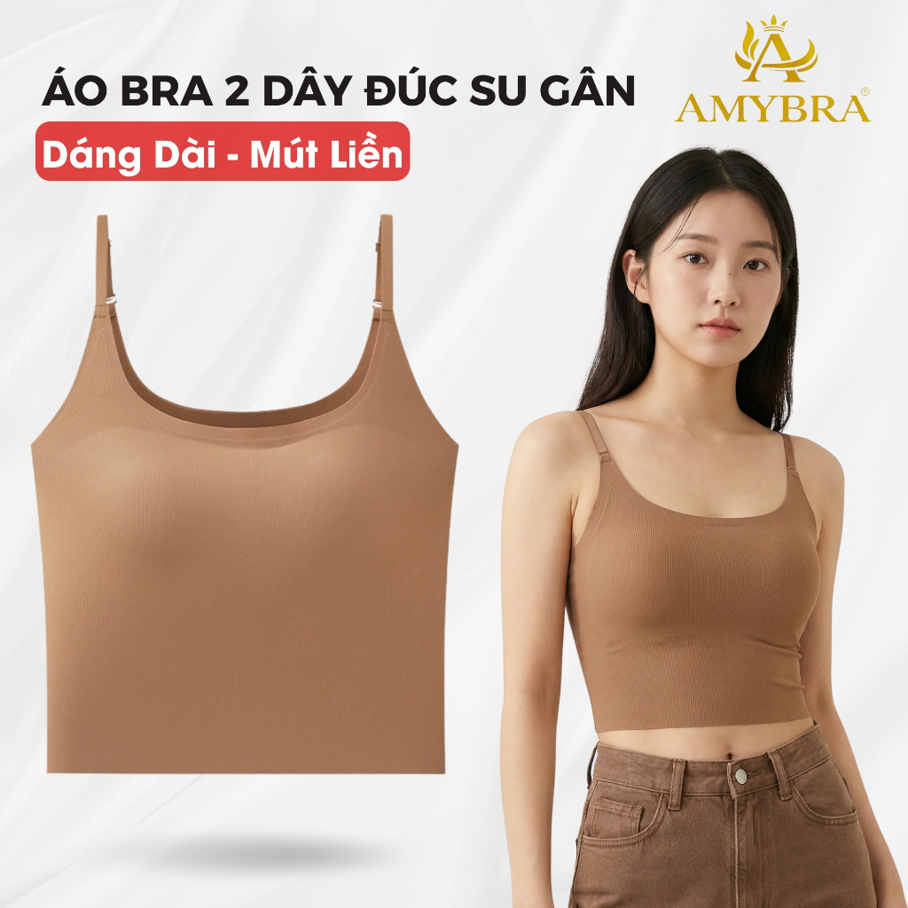 Áo Bra 2 Dây Dáng Dài Sẵn Mút Chất Su Gân Mềm Mịn, Áo Lót Nữ Thoáng Khí Mút Mỏng AMYBRA B6683