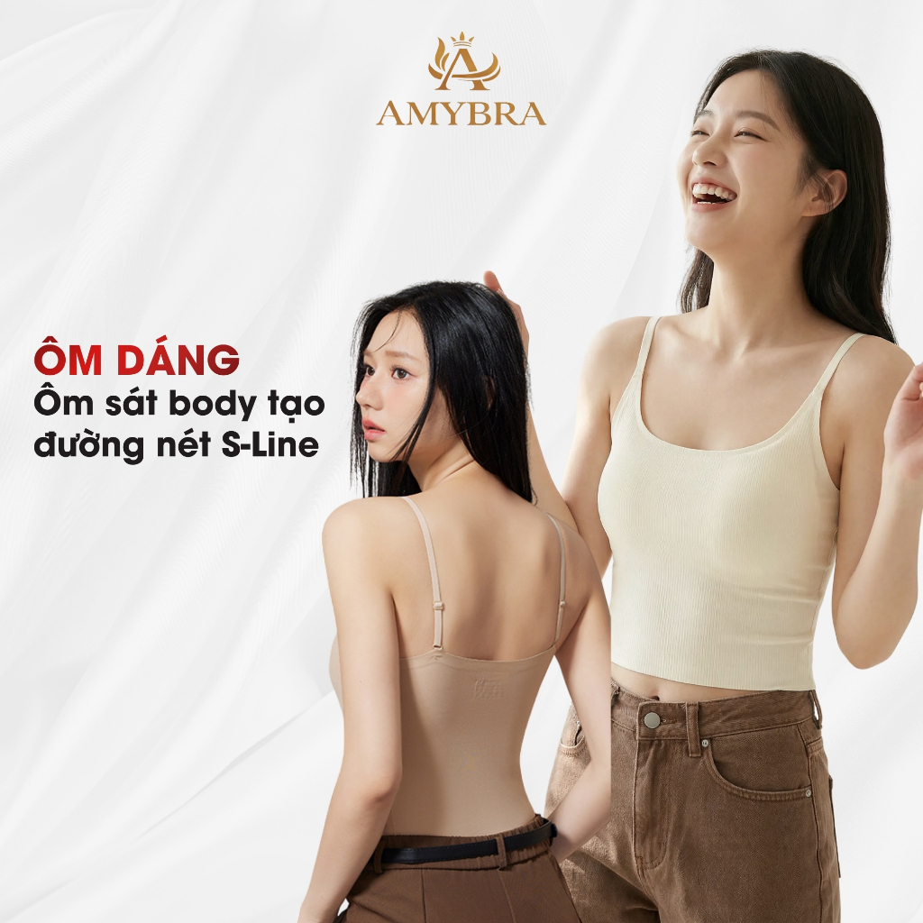 Áo Bra 2 Dây Dáng Dài Sẵn Mút Chất Su Gân Mềm Mịn, Áo Lót Nữ Thoáng Khí Mút Mỏng AMYBRA B6683