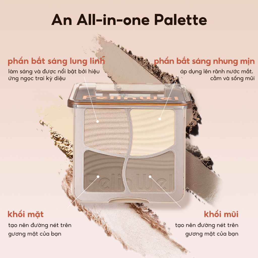 FelinWel - Bảng Tạo Khối 3D 4 Màu (Bronzer + Má Hồng + Bắt Sáng) Được MOH Phê Duyệt, Phấn Mờ Lâu Trôi Tự Nhiên