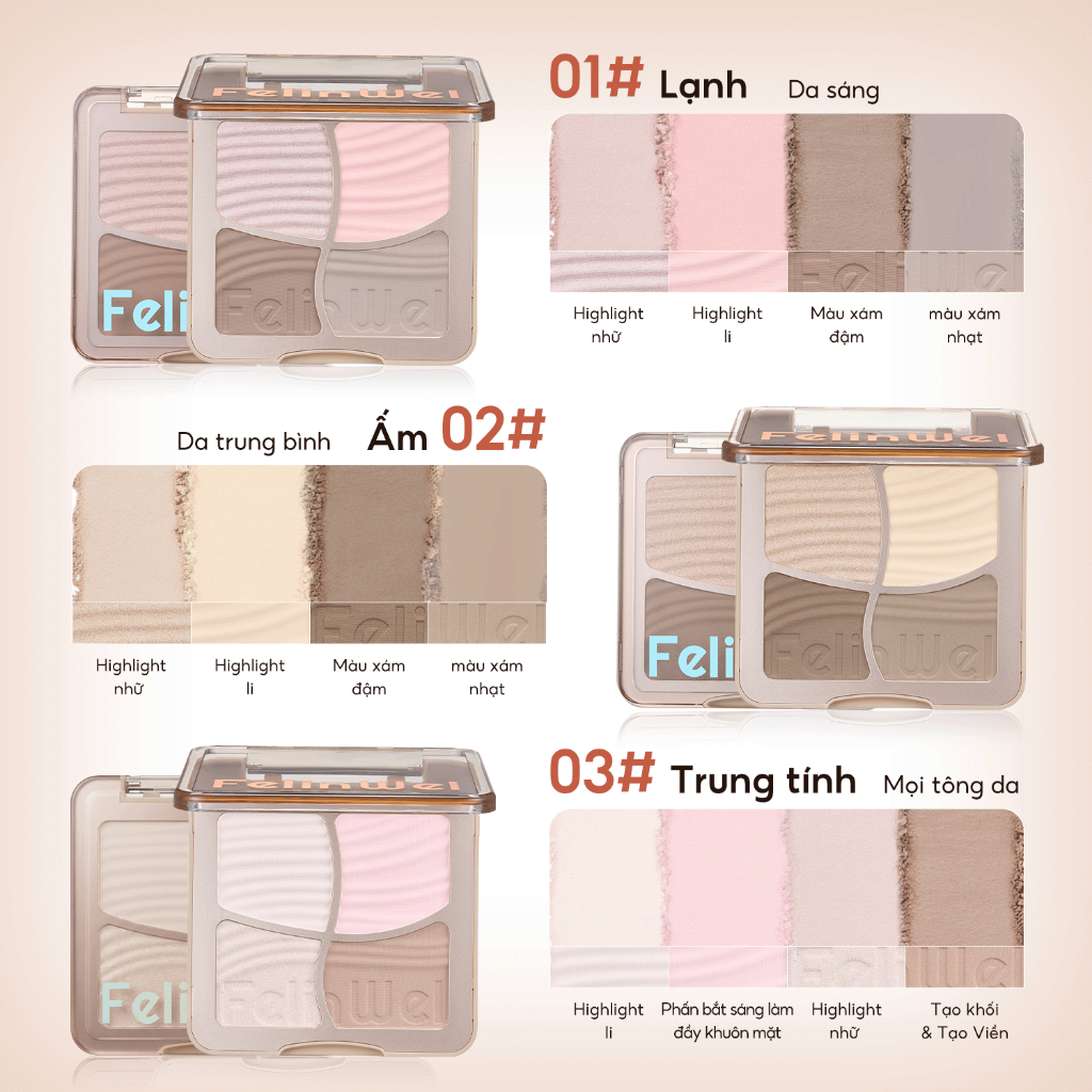 FelinWel - Bảng Tạo Khối 3D 4 Màu (Bronzer + Má Hồng + Bắt Sáng) Được MOH Phê Duyệt, Phấn Mờ Lâu Trôi Tự Nhiên