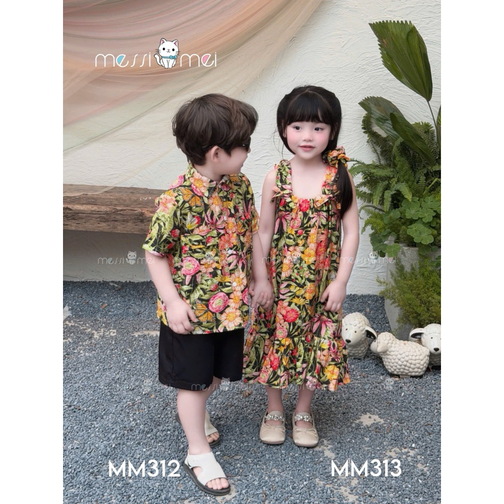 Set Đi Biển Đôi Bé Trai Bé Gái MM 1-10Y (8-40kg), Bộ Bé Trai & Váy Bé Gái Kèm Dây Buộc Tóc