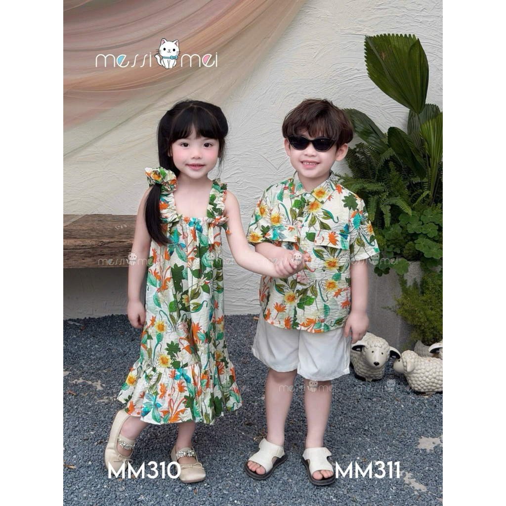 Set Đi Biển Đôi Bé Trai Bé Gái MM 1-10Y (8-40kg), Bộ Bé Trai & Váy Bé Gái Kèm Dây Buộc Tóc