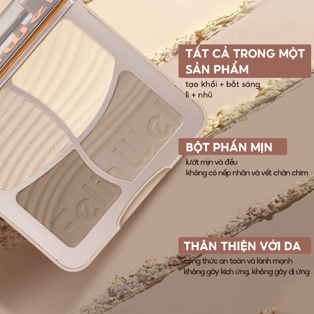 FelinWel - Bảng Tạo Khối 3D 4 Màu (Bronzer + Má Hồng + Bắt Sáng) Được MOH Phê Duyệt, Phấn Mờ Lâu Trôi Tự Nhiên