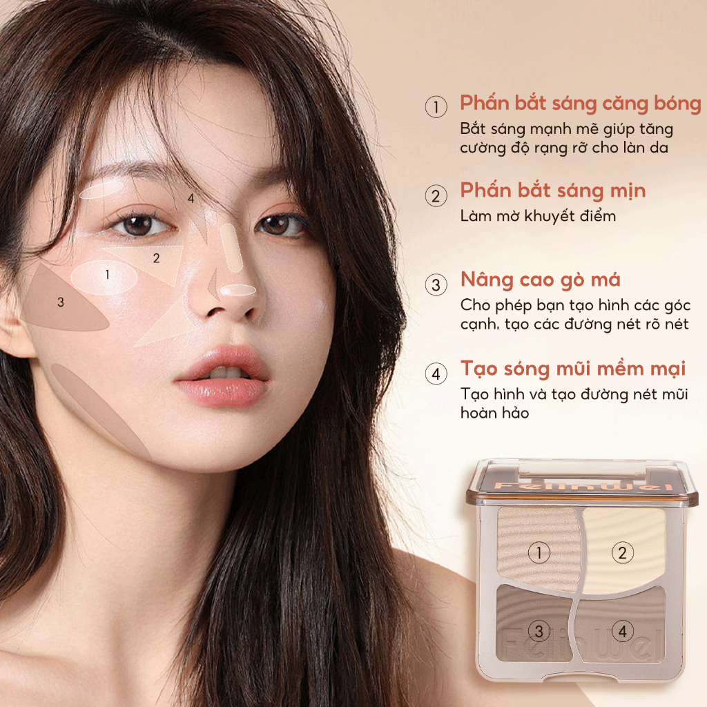 FelinWel - Bảng Tạo Khối 3D 4 Màu (Bronzer + Má Hồng + Bắt Sáng) Được MOH Phê Duyệt, Phấn Mờ Lâu Trôi Tự Nhiên