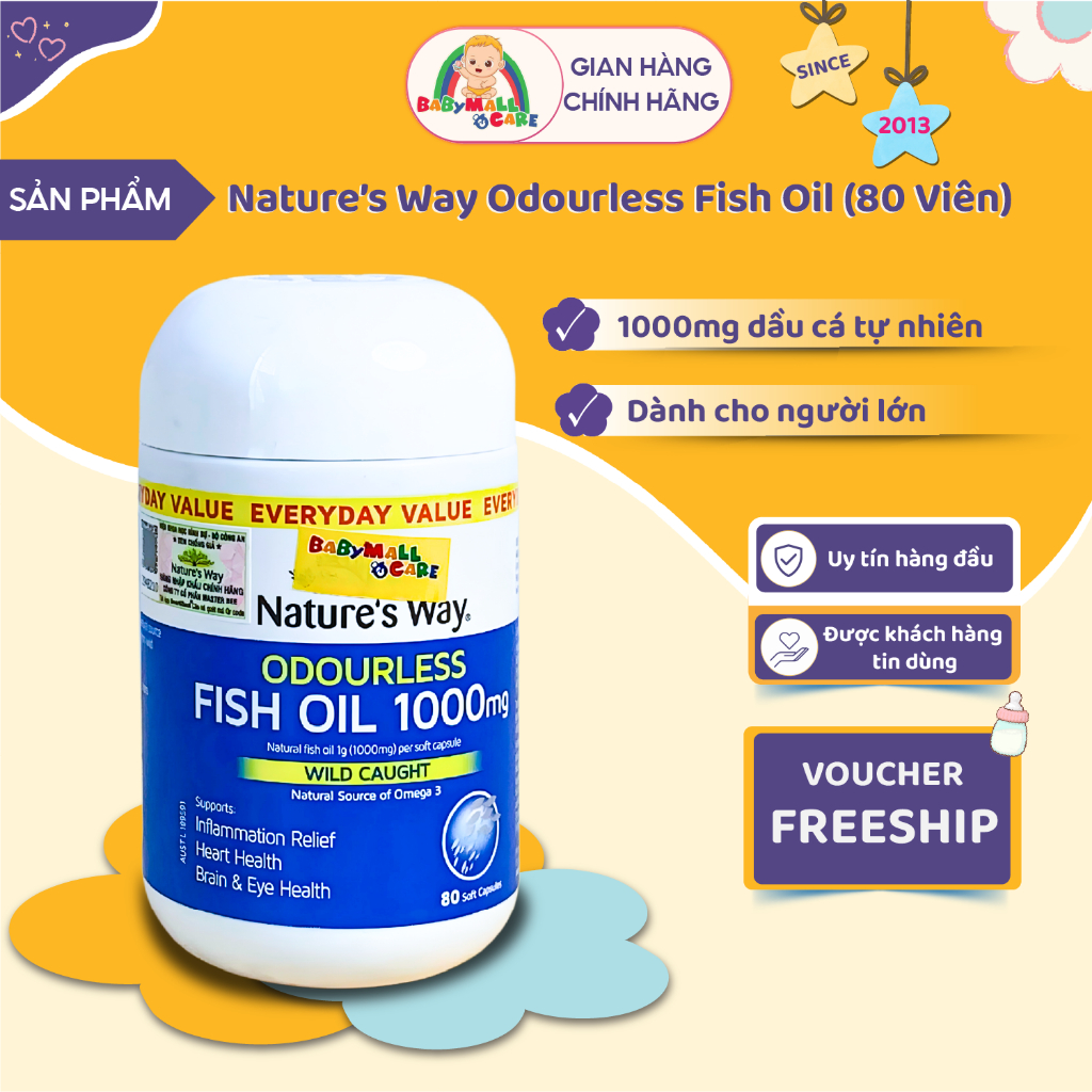 Viên Uống Odourless Fish Oil 1000mg Nature's Way Bổ Sung Omega 3  80 Viên/ Hộp |  Babymall & Care