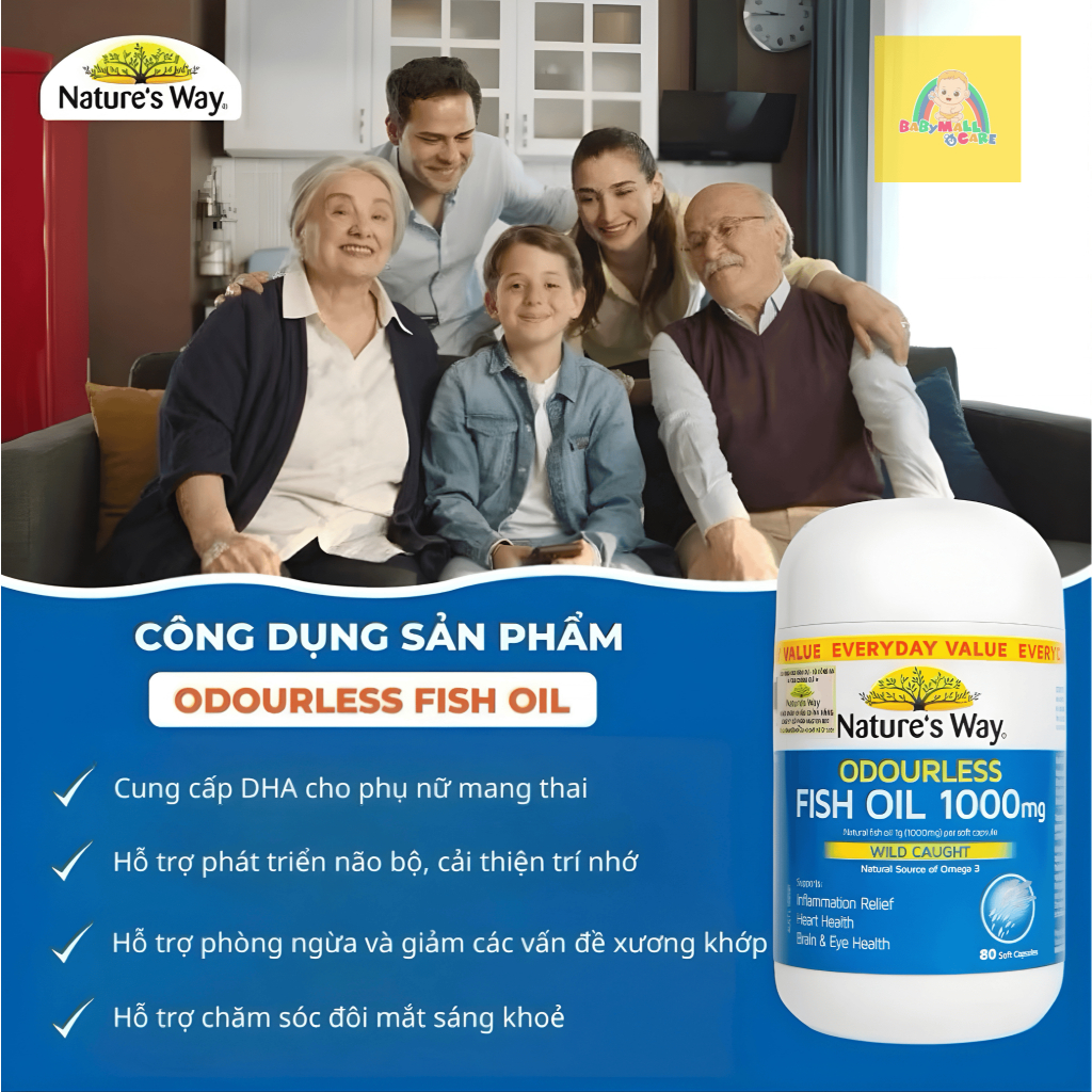 Viên Uống Odourless Fish Oil 1000mg Nature's Way Bổ Sung Omega 3  80 Viên/ Hộp |  Babymall & Care