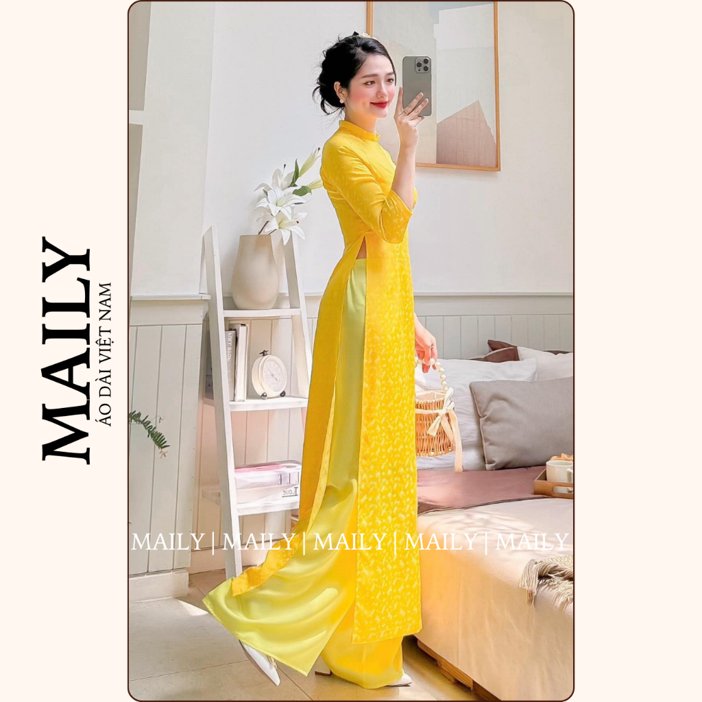 Áo Dài Truyền Thống Họa Tiết Chuồn Chuồn, Thiết Kế Cổ Cao Tay Lỡ Duyên Dáng Chất Gấm Mềm Mại - ÁO DÀI MAILY