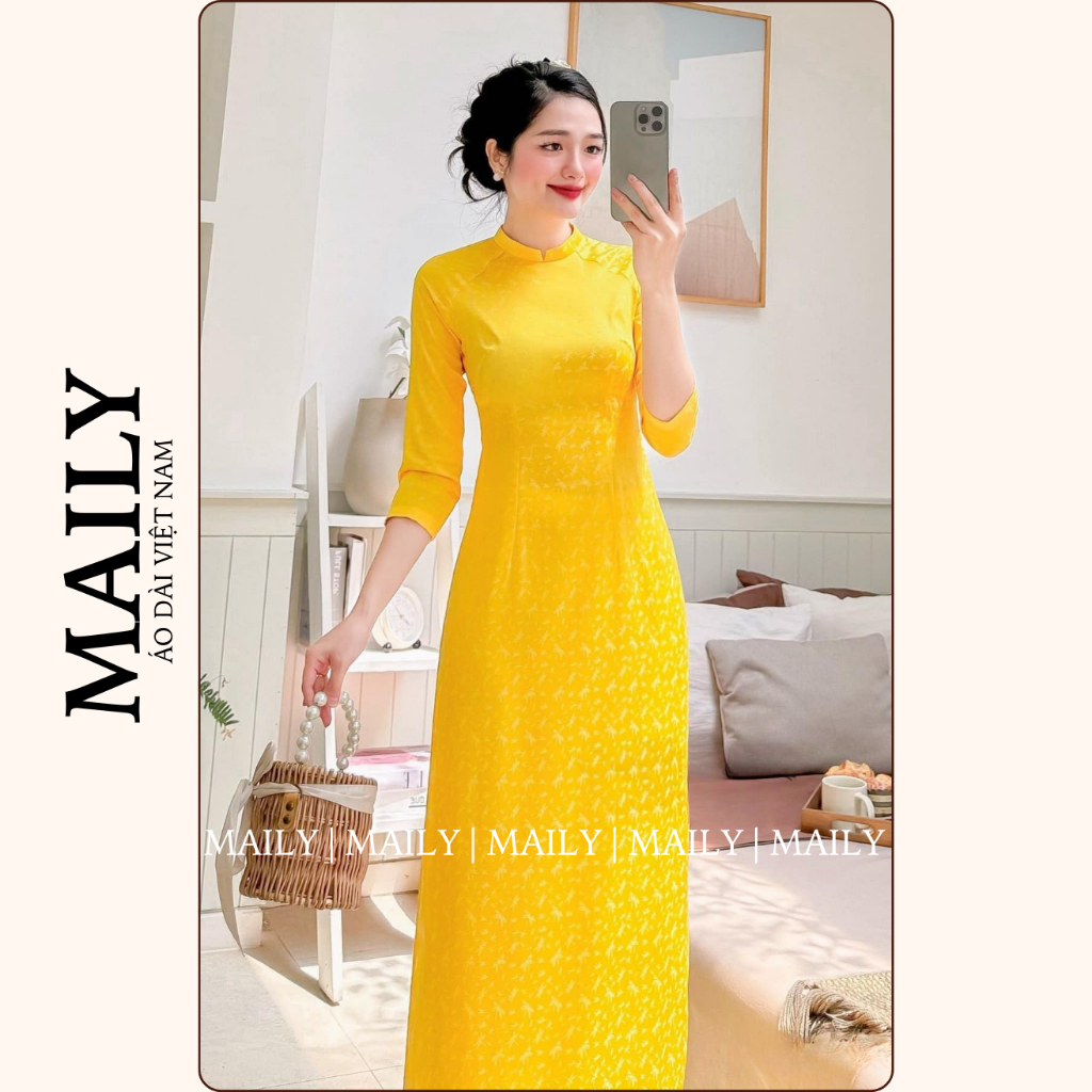 Áo Dài Truyền Thống Họa Tiết Chuồn Chuồn, Thiết Kế Cổ Cao Tay Lỡ Duyên Dáng Chất Gấm Mềm Mại - ÁO DÀI MAILY