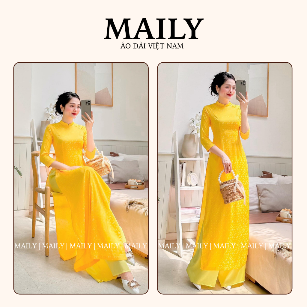 Áo Dài Truyền Thống Họa Tiết Chuồn Chuồn, Thiết Kế Cổ Cao Tay Lỡ Duyên Dáng Chất Gấm Mềm Mại - ÁO DÀI MAILY