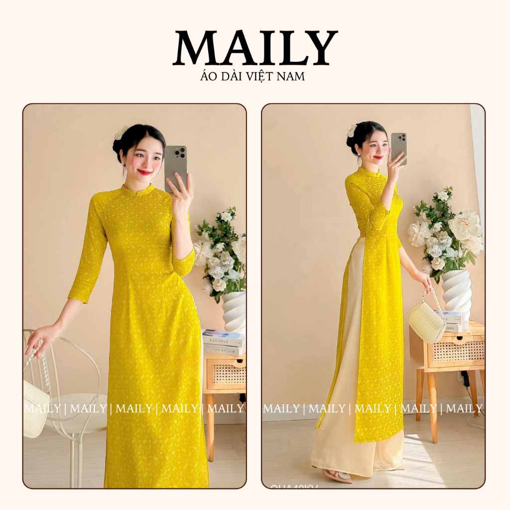 Áo Dài Truyền Thống Họa Tiết Chuồn Chuồn, Thiết Kế Cổ Cao Tay Lỡ Duyên Dáng Chất Gấm Mềm Mại - ÁO DÀI MAILY