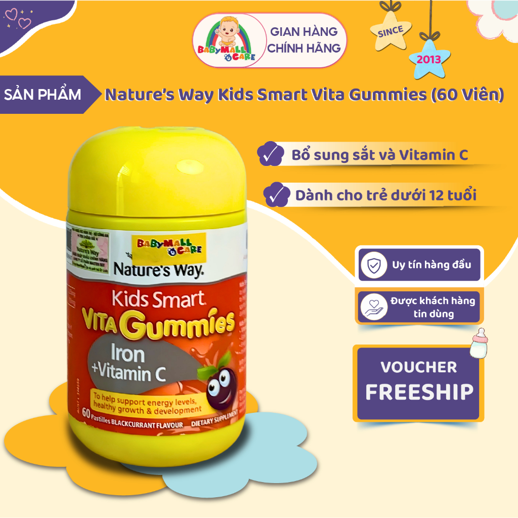 Kẹo Dẻo Kids Smart Vita Gummies Iron + Vitamin C 60 Viên Hỗ Trợ Bổ Sung Sắt Cho Trẻ| Babymall & Care
