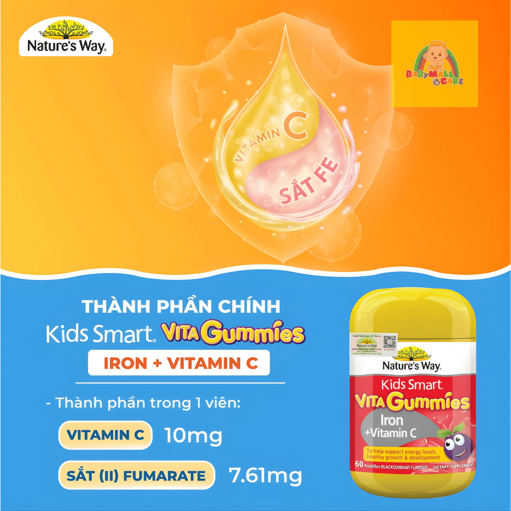 Kẹo Dẻo Kids Smart Vita Gummies Iron + Vitamin C 60 Viên Hỗ Trợ Bổ Sung Sắt Cho Trẻ| Babymall & Care