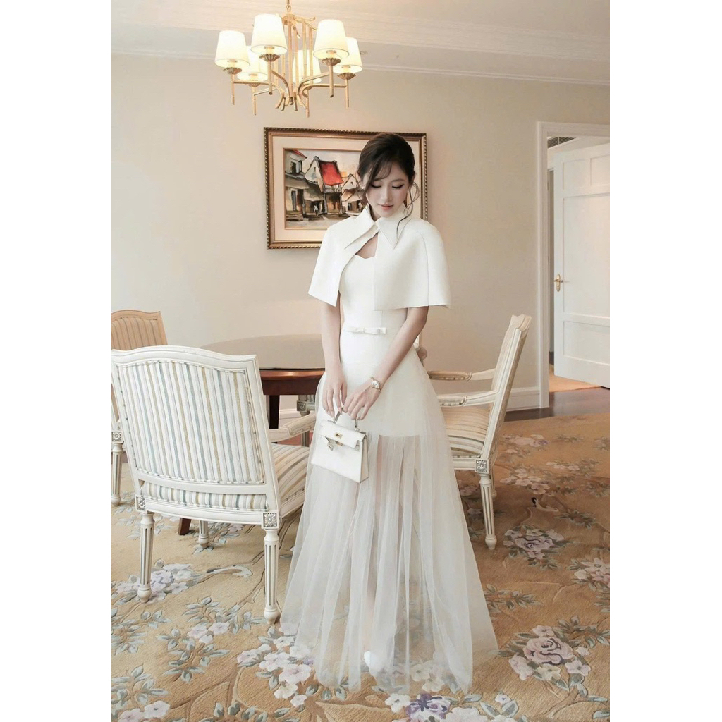 LASY Thời Trang Nữ| Đầm Váy Đi Tiệc Nơ Eo Kèm Áo Choàng Phối Váy Bồng Xoè - Đầm Váy Đi Chơi Đi Tiệc - P1121