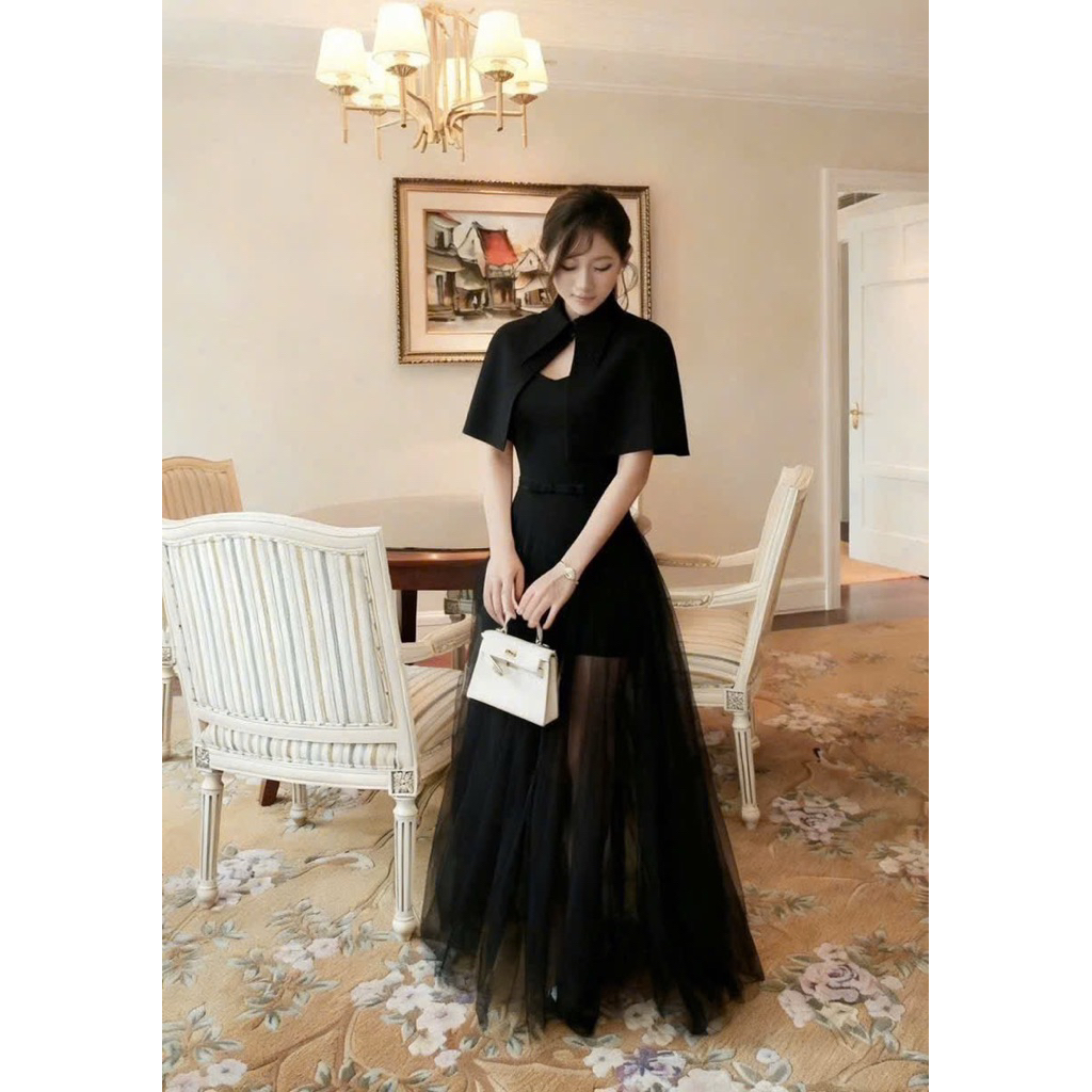 LASY Thời Trang Nữ| Đầm Váy Đi Tiệc Nơ Eo Kèm Áo Choàng Phối Váy Bồng Xoè - Đầm Váy Đi Chơi Đi Tiệc - P1121