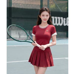 Bộ đồ Pickleball, cầu lông, tennis nữ Fitme GR áo thun thoáng khí , chân váy xếp ly Đỏ kèm quần bảo hộ — ảnh 2