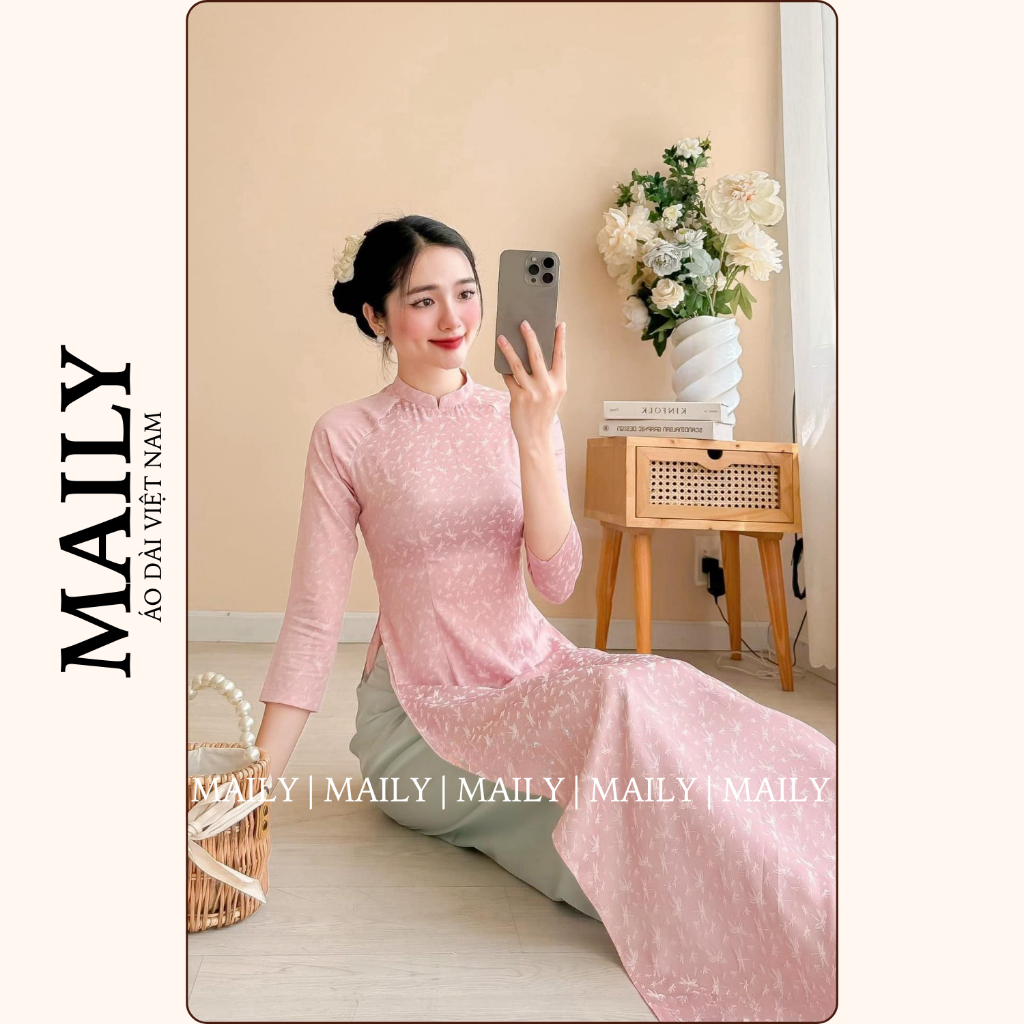 Áo Dài Gấm Họa Tiết Chuồn Chuồn Dáng Ôm Truyền Thống, Thiết Kế 2 Tà Cổ Cao Tay Lỡ Xinh Xắn - ÁO DÀI MAILY