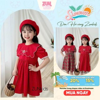 Đầm Bé Gái Lá Cổ Đỏ Thêu Hoa – Váy Xòe Tay Phồng Đính Ren, Cotton Mềm Mịn