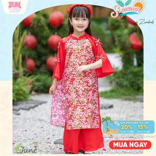 Áo Dài Bé Gái Hoa Xuân Đỏ Tươi Linen Nhũ Phối Lụa J2810 – Áo Dài Truyền Thống Cao Cấp Cho Bé