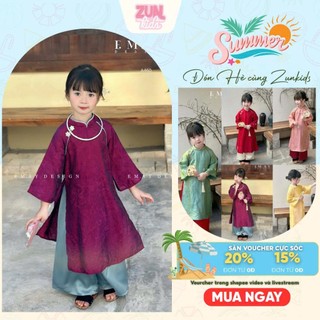 Set bộ áo và quần dài gấm lụa A460  cho bé Gái Cao Cấp, Gấm Hoa Văn Chìm, Hoa Đá Khâu Tay Style Tiểu Thư Tết