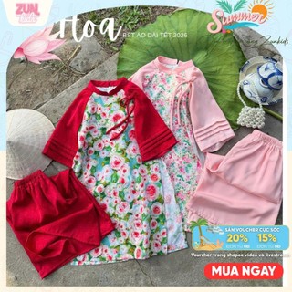 Set áo dài và quần Xuân hoa AZB604 cho bé gái diện Tết, Lễ -ZUN Kids
