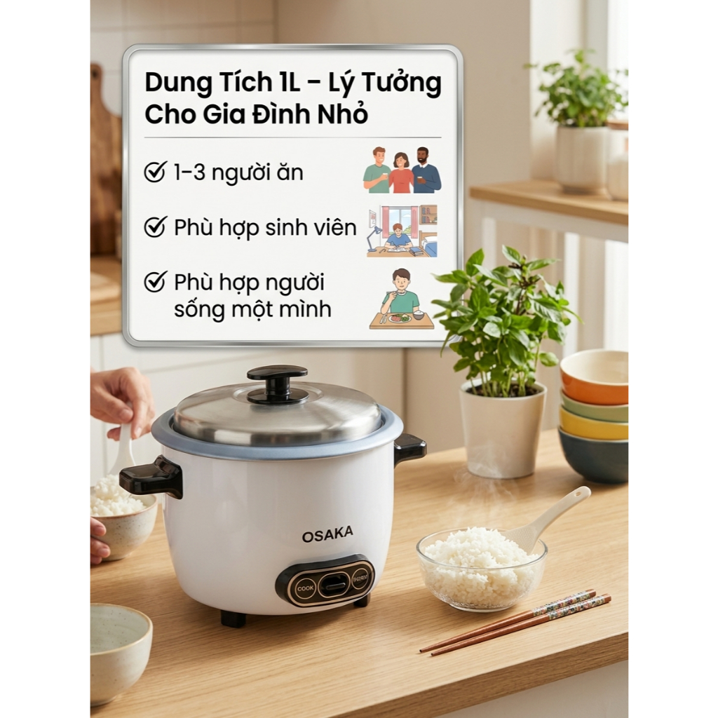 Nồi Cơm Điện Mini OSAKA RC-121 Dung Tích 1.0L Công Suất 400W Lòng Nồi Chống Dính Nắp Inox