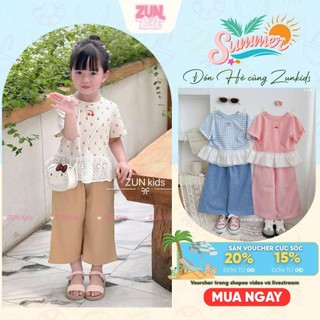Set Bộ Bé Gái Áo Thun Phối Ren Tiểu Thư+ Quần Kaki Mềm Dáng Suông AZB553