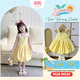 Đầm Bé Gái Dáng Bí 2 Dây Đính Nơ Màu Vàng S6740 – Váy Hè Cotton Cho Bé Gái 2–12 Tuổi