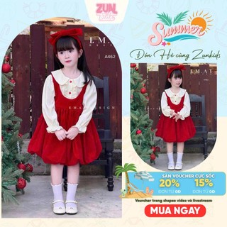 Set Bộ Bé Gái Áo Sơ Mi Cổ Sen + Yếm Nhung Đỏ Rời A462 | Đầm Công Chúa Tiểu Thư Dễ Thương, Mặc Lễ Hội Tết, Noel Tết