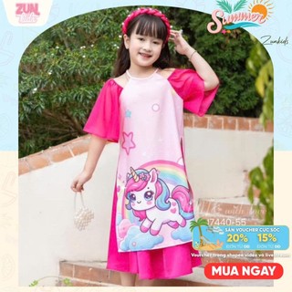 Set bộ áo dài ( Áo + quần dài ,ko kèm cài tóc)  Bé Gái Cổ Yếm Tay Phồng J7440 – Họa Tiết Unicorn Cầu Vồng, Đũi Lụa