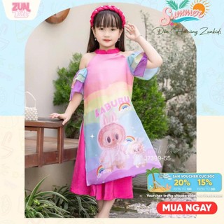Set bộ áo dài ( Áo + quần dài ,ko kèm cài tóc) Bé Gái Labubu Cầu Vồng J7399 – Áo Dài Truyền Thống Cách Tân Cho Bé Yêu