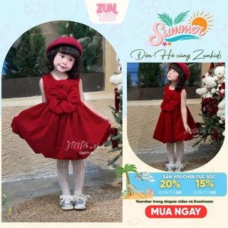 Váy Nhung Đỏ Công Chúa Bé Gái C6077 – Thiết Kế Tùng Bí Phồng, Hoa Handmade Xinh Xắn