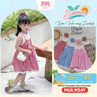 Váy Bé Gái AZD566 Kèm Cột Tóc – Đầm Kẻ Sọc Cotton Phối Ren Thêu Cao Cấp, Cài Nút