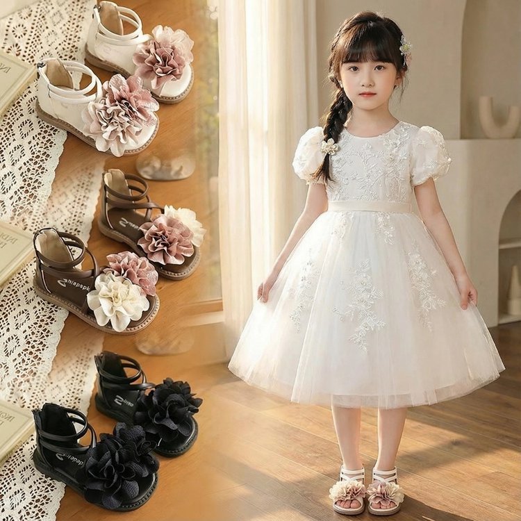 Mẫu mới 2026 Giày bé gái thời trang chống trượt hoa mũi tròn thoải mái, chất liệu PU mềm mại, cho đi học