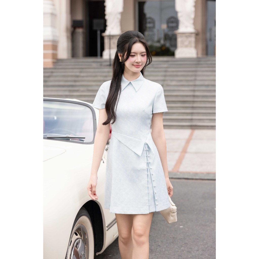 Đầm Xuân Hè Dáng A Cổ Đức Chân Bẻ Nẹp 1S15.2601. Đầm Monogram Thanh Lịch Công Sở, Đầm Nữ Thiết Kế Tối Giản Design By JM