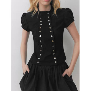 Le rouge | Original Glimpses top Áo sơ mi cổ peter pan chiết eo tay bồng 2 hàng cúc ngọc trai retro