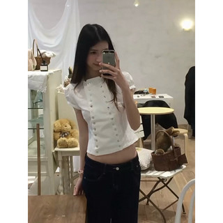 Le rouge | Original Glimpses top Áo sơ mi cổ peter pan chiết eo tay bồng 2 hàng cúc ngọc trai retro
