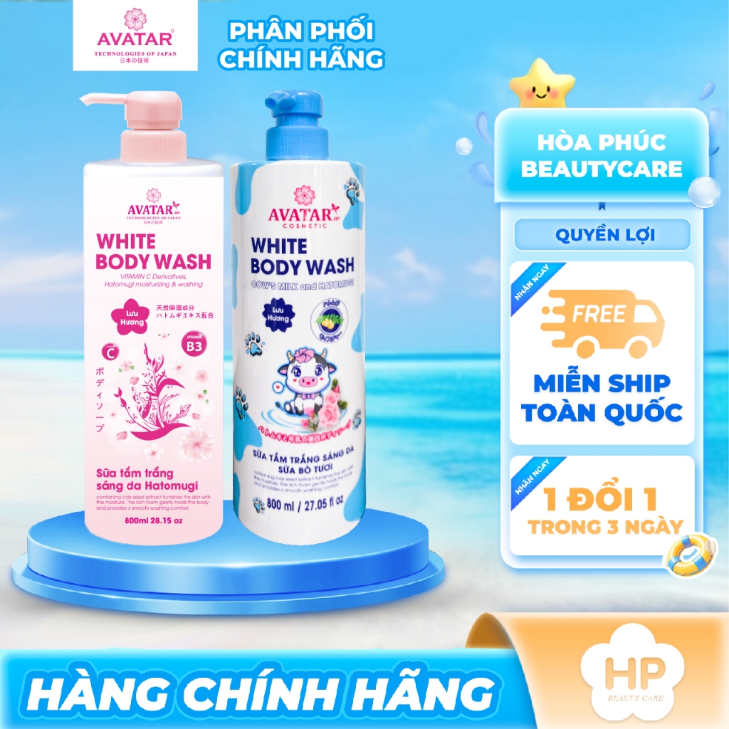 Combo 2 Chai Sữa Tắm Dưỡng Trắng Da Sữa Bò Tươi Và Hatomugi Avatar White Body Wash (800mL x 800mL)