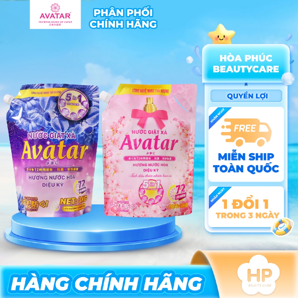 Nước Giặt Xả Avatar 5 Trong 1 Lưu Hương 72h 2 Mùi Hương (Túi 3kg)
