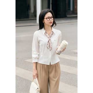 Áo Kiểu Nữ Sơ Mi Trắng Công Sở LAMER Phối Khăn Nhún Eo Dài Tay Cổ Đức Basic O61H26Q007