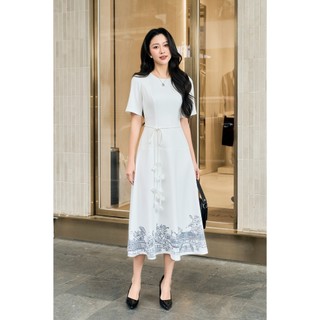 Đầm Công Sở Dáng Dài LAMER FASHION Tay Ngắn In Họa Tiết Phối Nơ Eo Thanh Lịch Sang Trọng L63L26H003