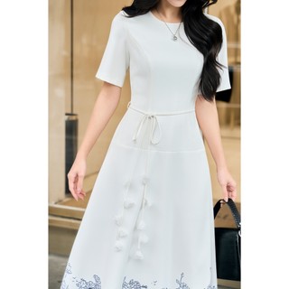 Đầm Công Sở Dáng Dài LAMER FASHION Tay Ngắn In Họa Tiết Phối Nơ Eo Thanh Lịch Sang Trọng L63L26H003