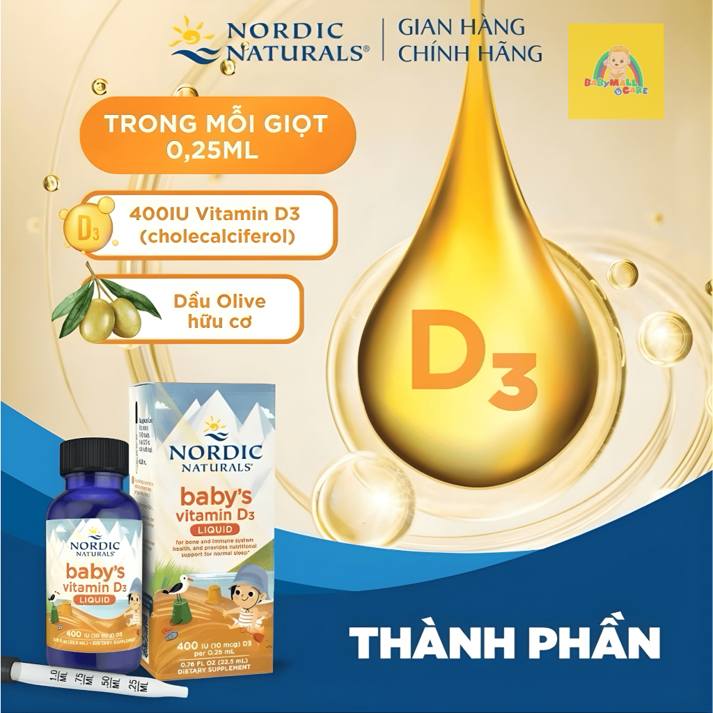 Dung Dịch Nhỏ Giọt Baby’s Vitamin D3 Nordic Naturals 22.5ml Bổ Sung Vitamin D3 Cho Trẻ|Babymall&Care