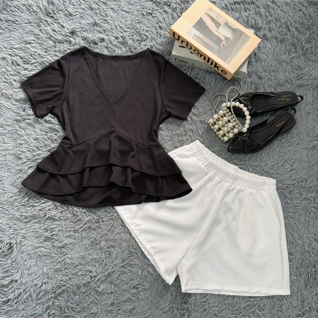 Set bigsize nữ áo peplum cổ tim phối quần short – thanh lịch, tôn dáng 50-92kg A348+Q500