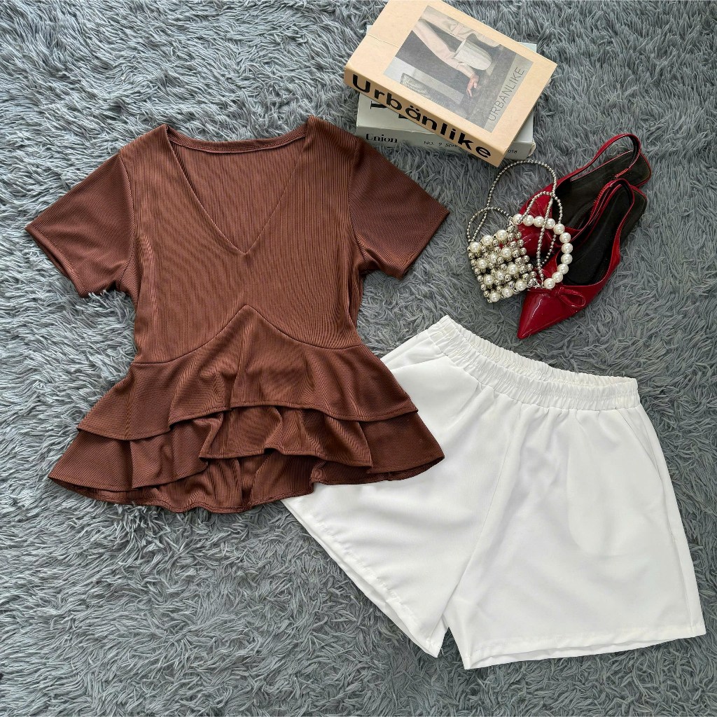 Set bigsize nữ áo peplum cổ tim phối quần short – thanh lịch, tôn dáng 50-92kg A348+Q500