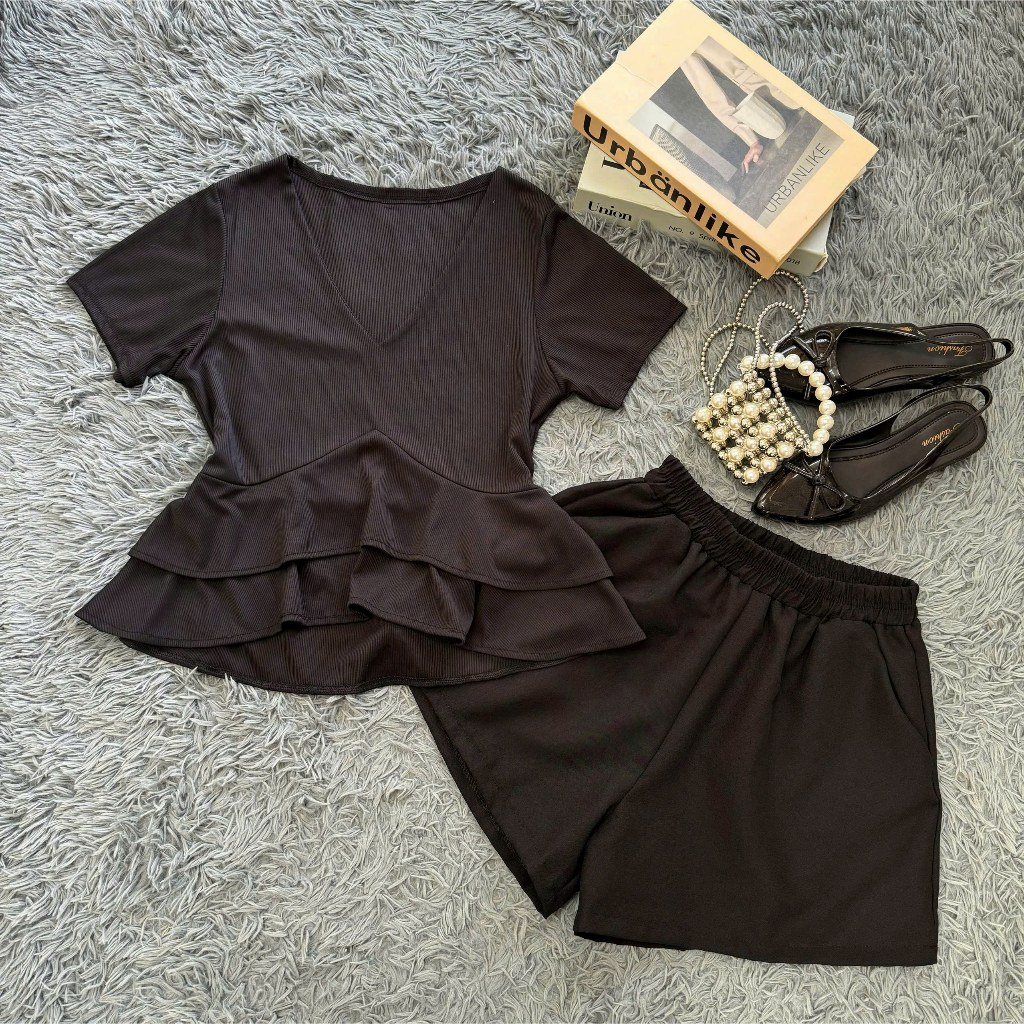 Set bigsize nữ áo peplum cổ tim phối quần short – thanh lịch, tôn dáng 50-92kg A348+Q500