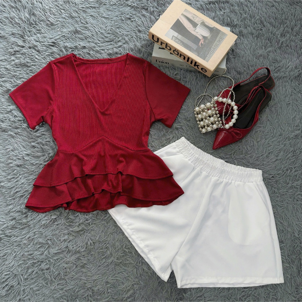 Set bigsize nữ áo peplum cổ tim phối quần short – thanh lịch, tôn dáng 50-92kg A348+Q500